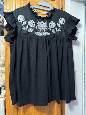 Black Flutter Sleeve Embroidered Peasant Top - White Floral Detail